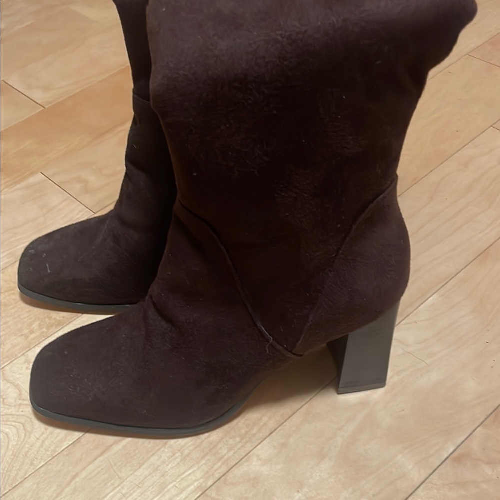 Brown Faux Suede Heeled Knee High Boots - Picture 5 of 6